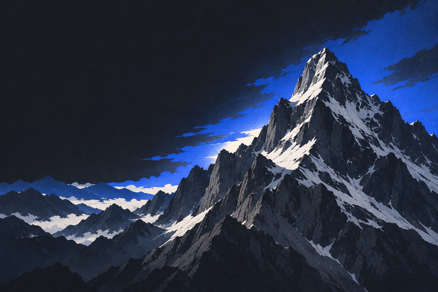 Illustrierter, zerklüfteter Berg in Graphit, Blau und Weiß