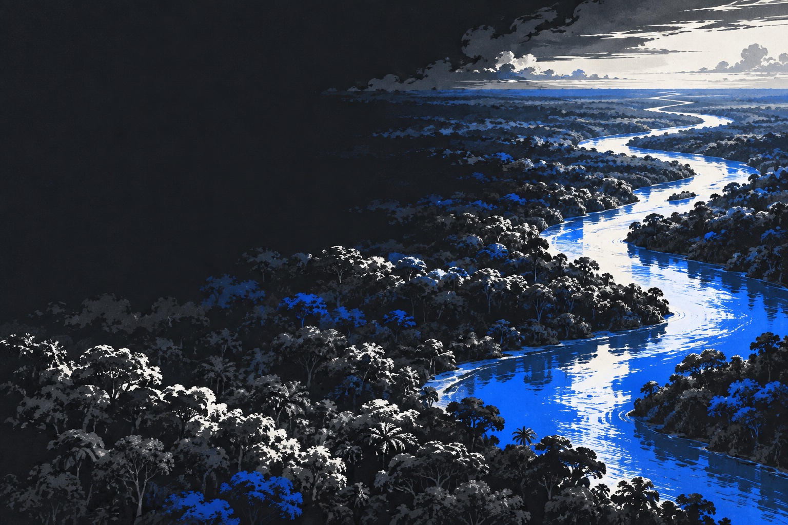 Weite illustrierte Waldlandschaft mit einem Fluss